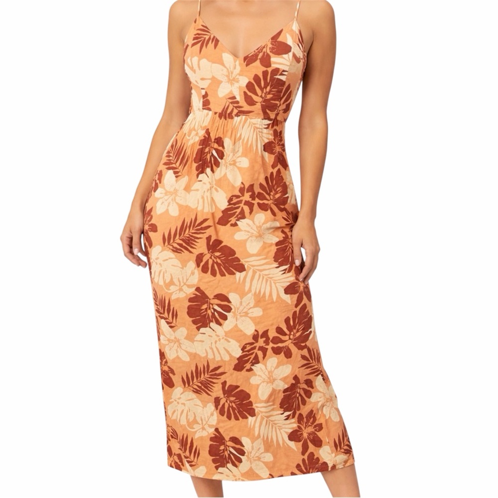 Forever 21 Tropical Floral V-Neck Midi Dress Medium